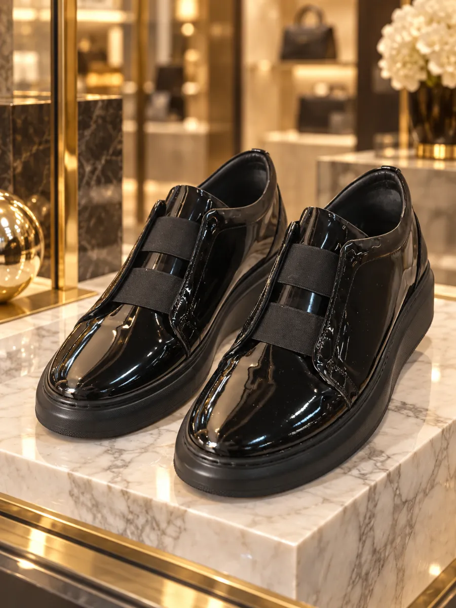 Men's Black Genuine Patent Leather Shoes with Elastic Band