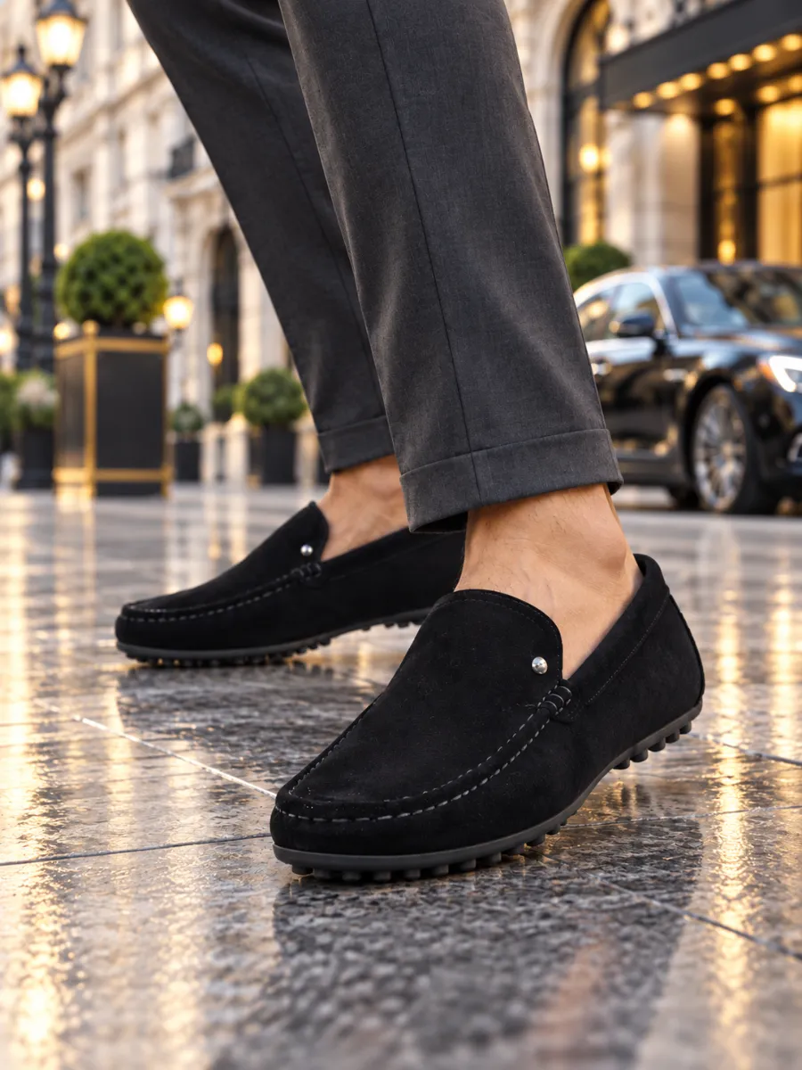 Men's Black Genuine Suede Driving-Sole Loafers