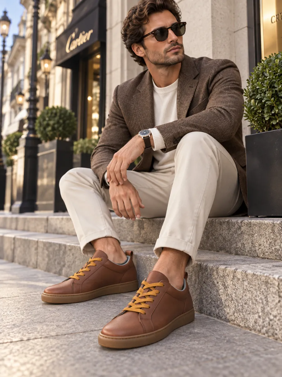 Men's Tan Genuine Leather Sneakers with Mustard Laces