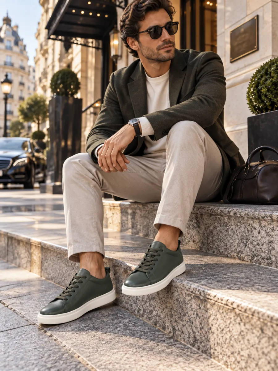 Men's Olive Green Genuine Leather Sneakers with White Soles