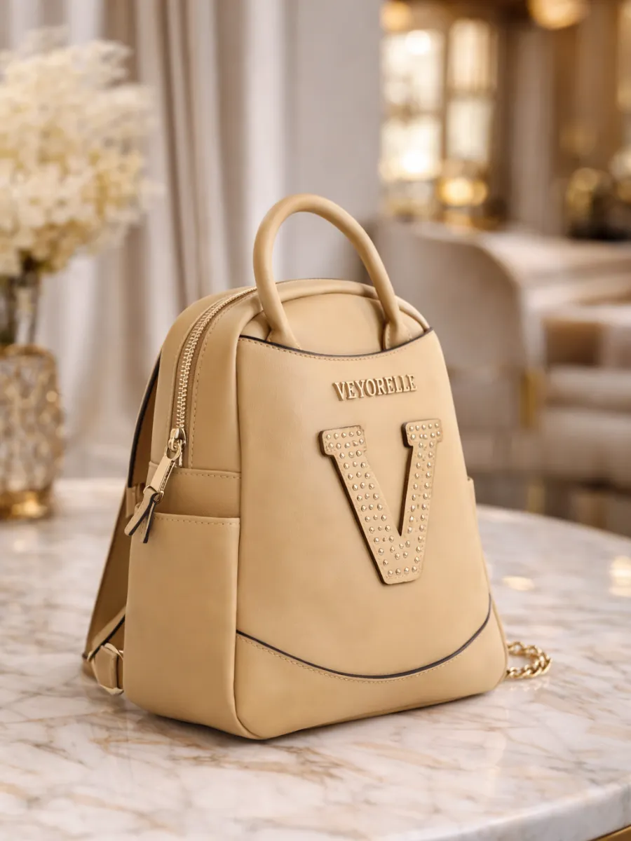 Krem Mini Kadın Sırt Çantası V Logolu Şık Günlük Çanta