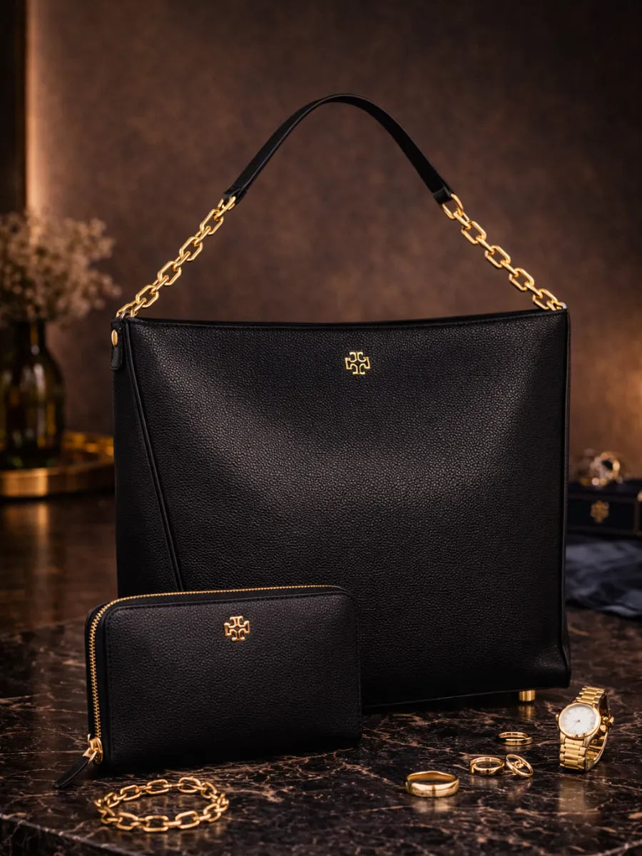 Lüks Siyah Full-Grain Deri Omuz Çantası Altın Zincir Detaylı