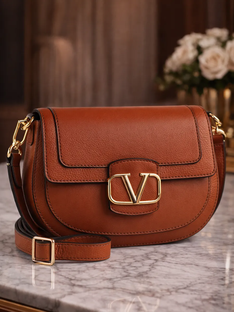 Taba Deri Kadın Omuz Çantası Gold V Tokalı Yarım Ay Çanta