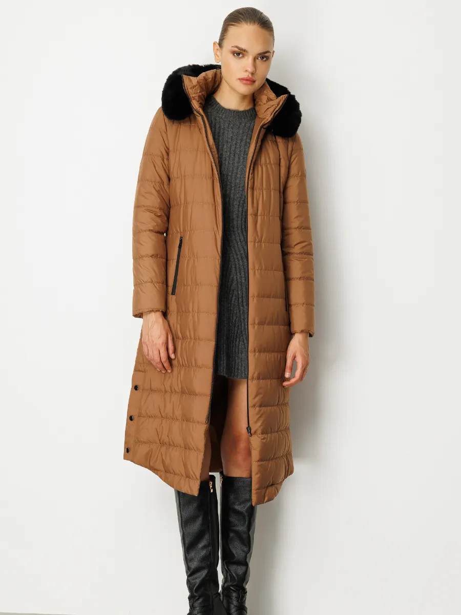 Kapüşonlu Kürk Detaylı Uzun Şişme Mont – Camel / Bej 5601