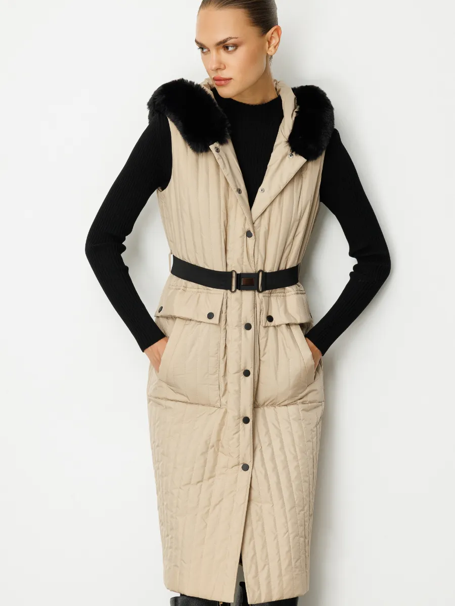 Kemer Detaylı Kapüşonlu Uzun Kapitone Kadın Yelek 5530