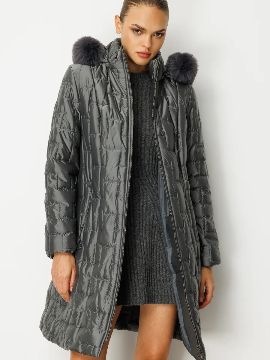 Kürk Detaylı Kapüşonlu Uzun Kadın Şişme Mont Model 5411