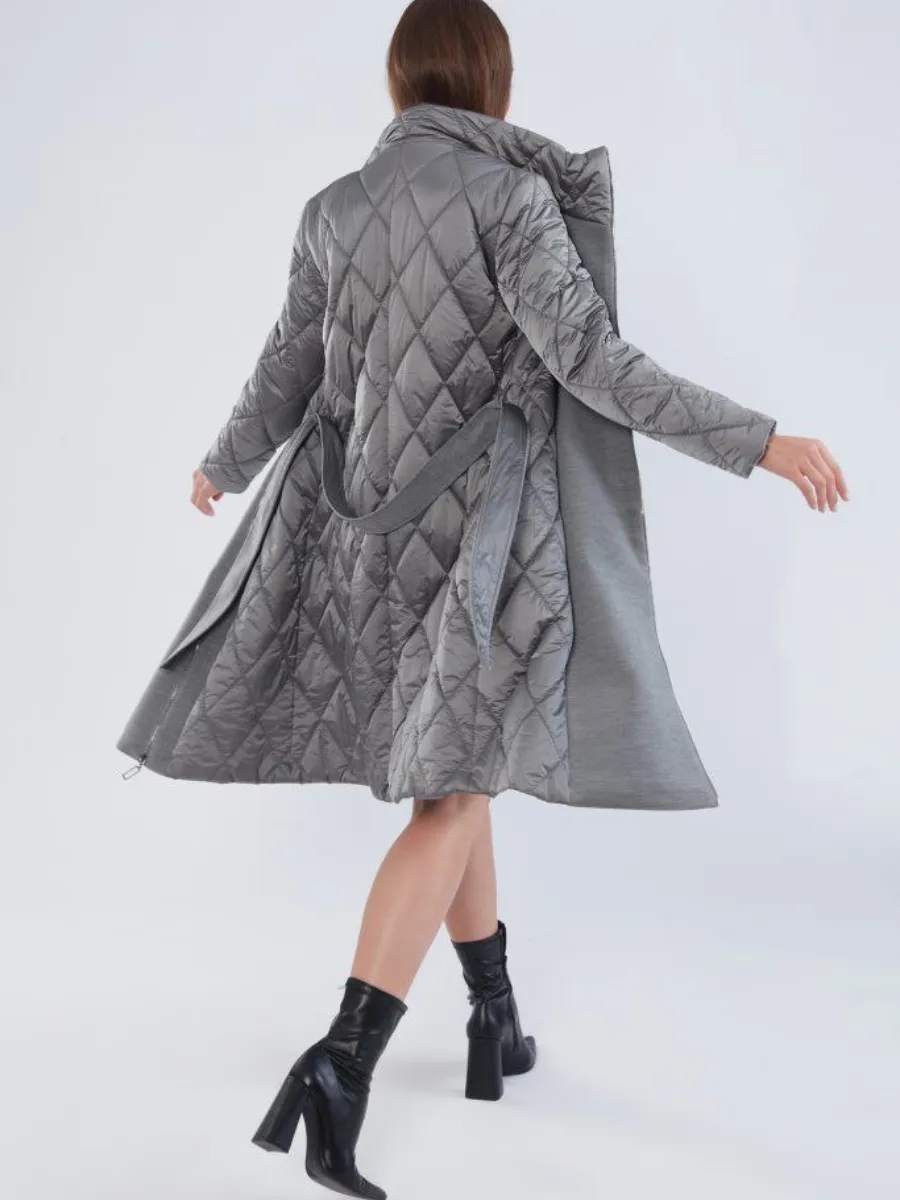 Modern Quilted Detail Long Coat Grey 5540